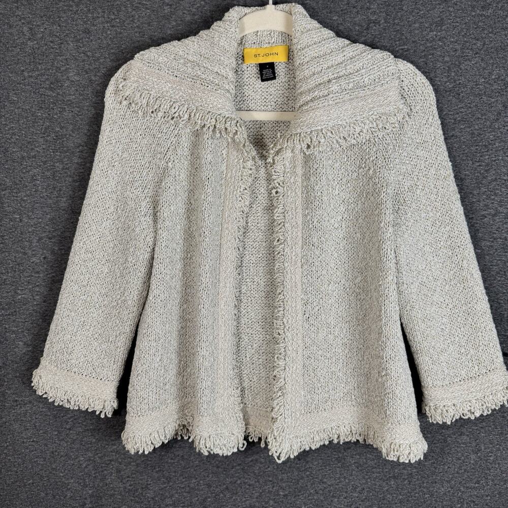 St John Knit Jacket Cardigan Petite Beige Fringe Trim Luxury Sweater